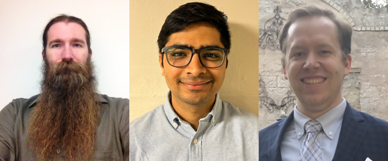 A composite of three headshots of Keuler, Kokandakar and Moen.