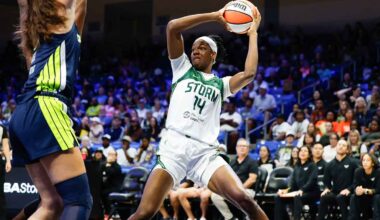 Seattle Storm forward Nneka Ogwumike (3) shoots the ball during the first half against Los Angeles Sparks at Climate Pledge Arena.