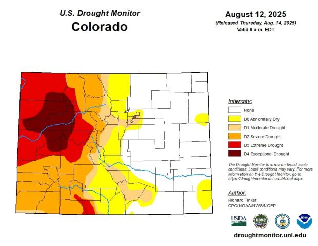 A map released Aug. 14, 2025, by the U.S. Drought Monitor shows drought conditions across Colorado. (U.S. Drought Monitor)