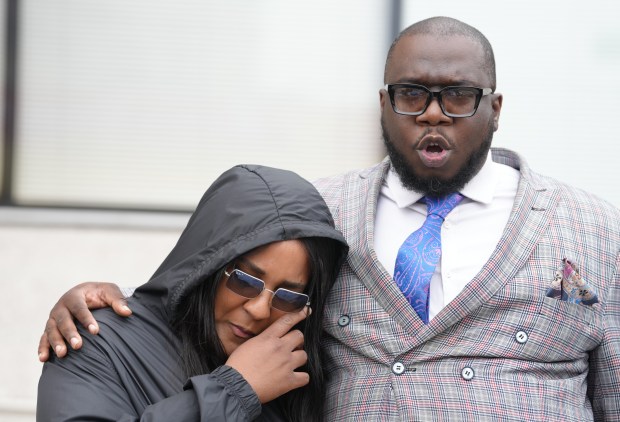 Rev. Kevin McCall embraces the maternal grandmother of Montrell Williams, after a press conference outside the 40th Pct. Monday, June 16, 2025 in the Bronx, New York. (Barry Williams/ New York Daily News)