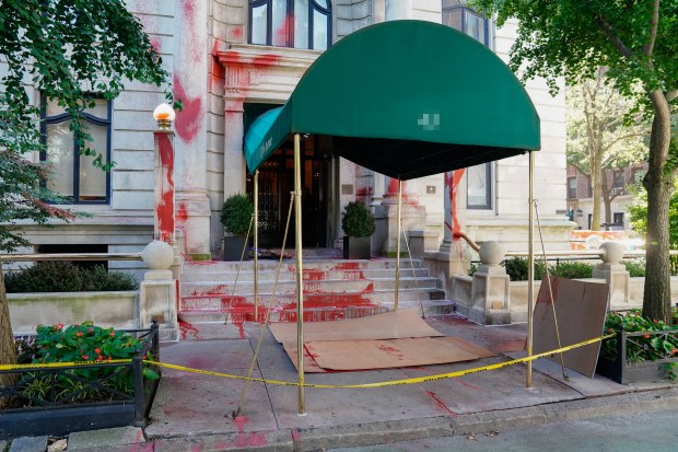 Graffiti is pictured on a Fifth Ave. apartment building in Greenwich Village, Manhattan on Friday, August 29, 2025.(Barry Williams/ New York Daily News)