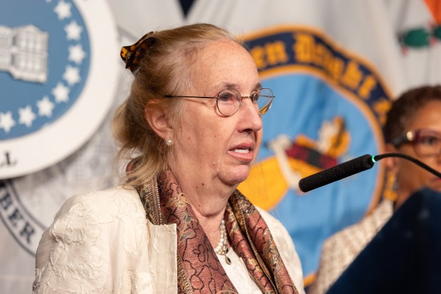 Gale Brewer speaks during a press conference before a New York City Council meeting at City Hall in Manhattan, New York on Wednesday, Dec. 20, 2023. (Shawn Inglima for New York Daily News)