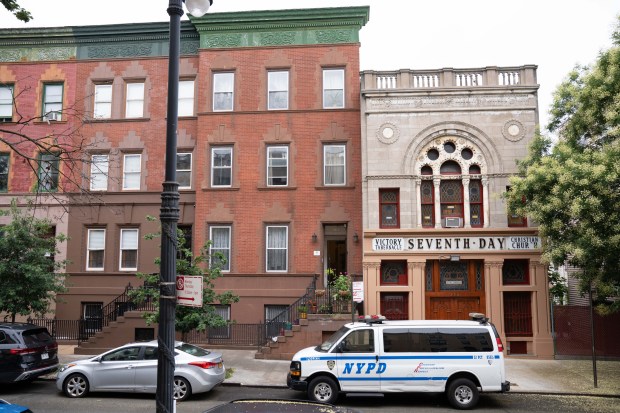 A 34-year-old man was pronounced dead on scene after he was found stabbed multiple times in the legs inside a fourth-floor apartment at 250 W. 138th St. in Manhattan on Friday, Aug. 1, 2025. (Theodore Parisienne / New York Daily News)