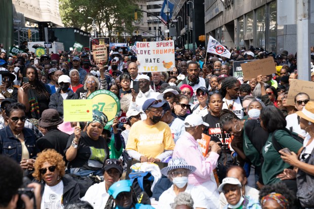 People participate in a "March on Wall Street" to call for economic justice on August 28, 2025, in New York City. (Theodore Parisienne / New York Daily News)