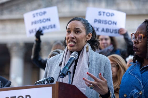New York City Councilwoman Sandy Nurse speaks during a Stop Prison Sexual Abuse rally in Foley Square in Manhattan, New York on Wednesday, Nov. 13, 2024. (Shawn Inglima for New York Daily News)