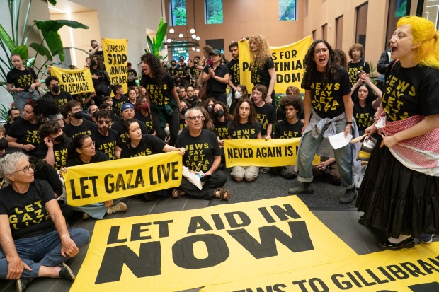People protesting with Jewish Voices for Peace occupy the lobby of Sen. Chuck Schumer's office in Manhattan Friday, Aug. 1, 2025. (Barry Williams/New York Daily News)