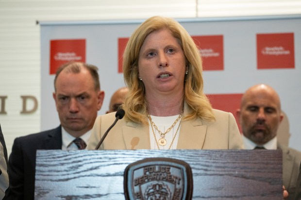 NYPD Commissioner Jessica Tisch speaks at New York Presbyterian Hospital following an active shooter in Midtown Monday, July 28, 2025. (Barry Williams/New York Daily News)