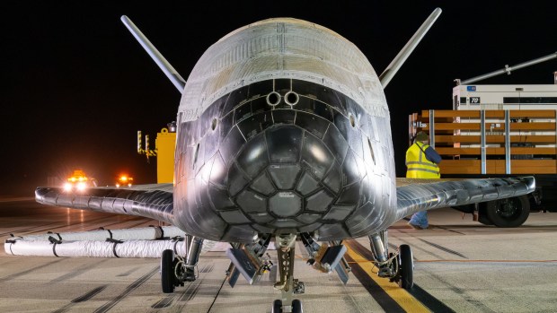 The Boeing-built X-37B spaceplane lands at Vandenberg Space Force Base to complete its seventh mission on March 7, 2025. A second version of the X-37B is slated to launch for its eight mission from Kennedy Space Center on Thursday night. (Courtesy/U.S. Space Force)