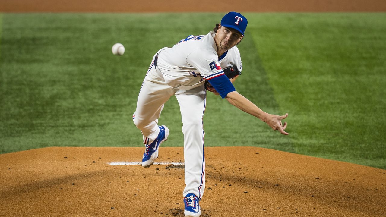 Texas Rangers' Jacob deGrom pitches against the Athletics during the first inning of a baseball game Tuesday, April 29, 2025, in Arlington, Texas. (AP Photo/Jessica Tobias)