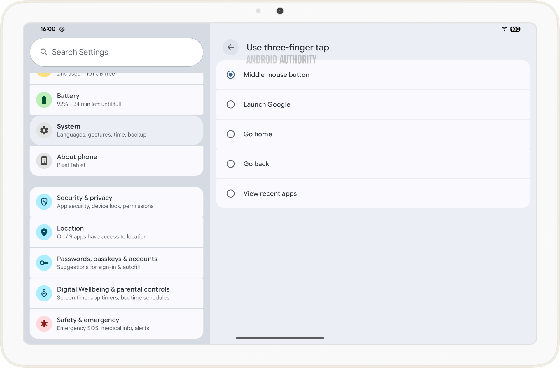 Three finger tap touchpad gesture settings in Android 16 QPR1