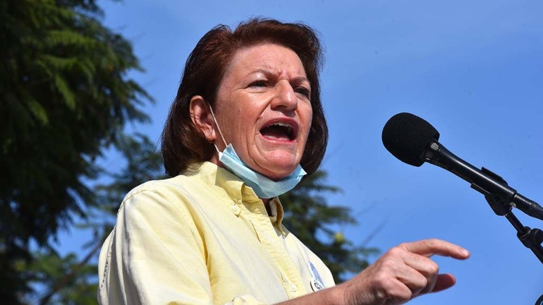 California's Senate President pro Tempore Toni G. Atkins speaks to union workers at a car rally downtown on Election Day.