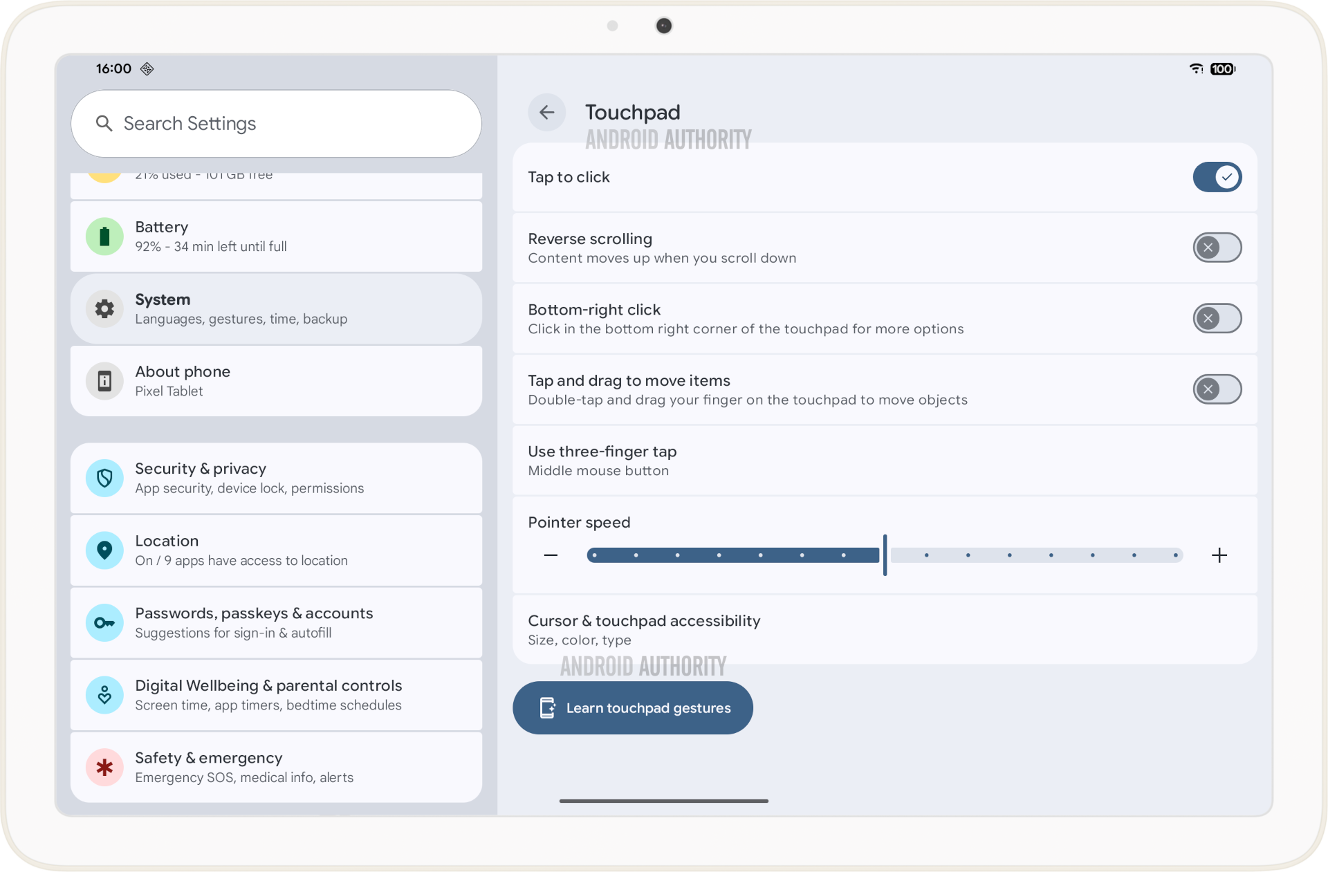 Touchpad settings in Android 16 QPR1