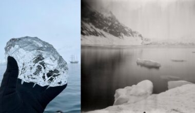 A gloved hand holds a clear chunk of ice over icy water; next to it is a black-and-white photo of an arctic landscape with water, snow, icebergs, and distant snowy hills.