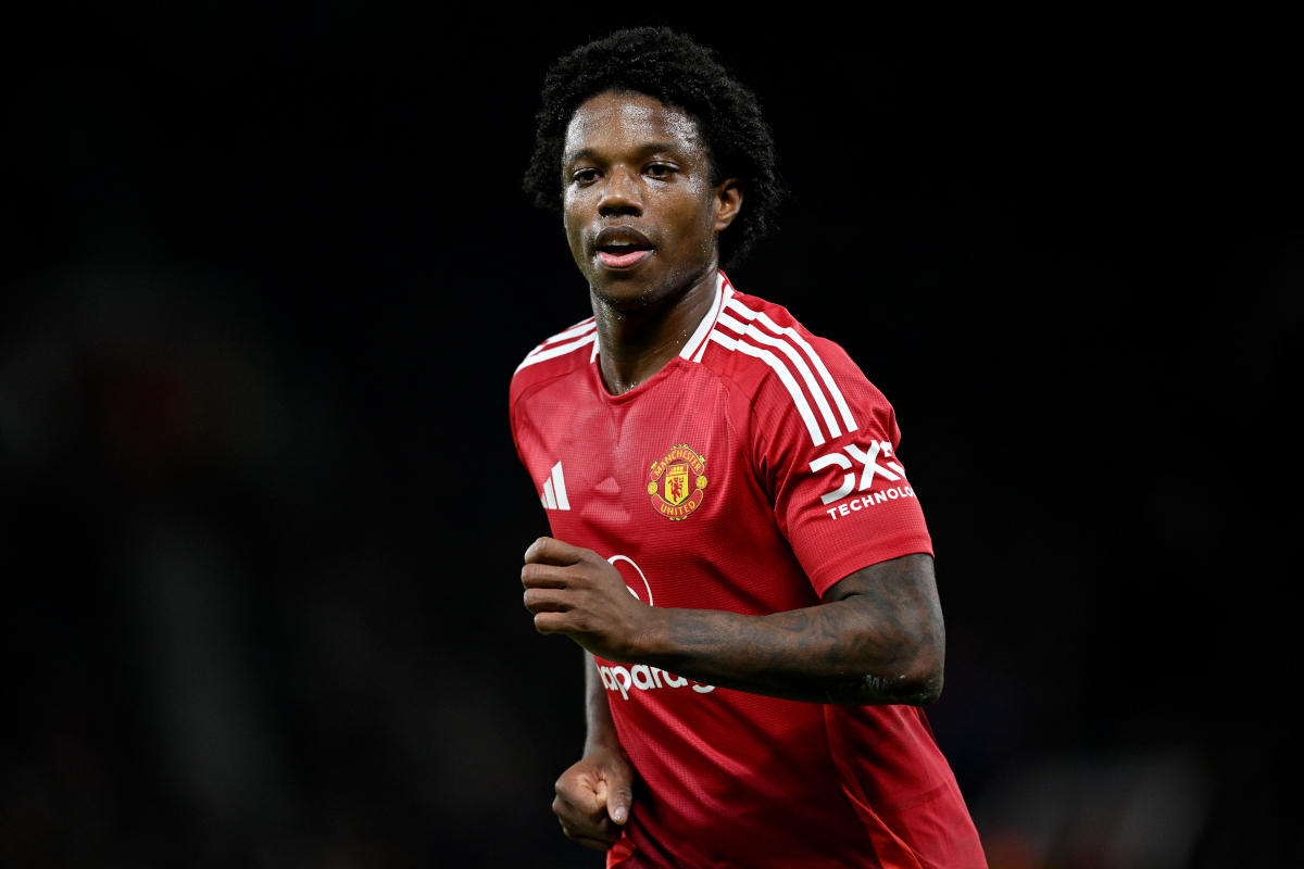 MANCHESTER, ENGLAND - NOVEMBER 28: Tyrell Malacia of Manchester United looks on during the UEFA Europa League 2024/25 League Phase MD5 match between Manchester United and FK Bodo/Glimt at Old Trafford on November 28, 2024 in Manchester, England. (Photo by Justin Setterfield/Getty Images)