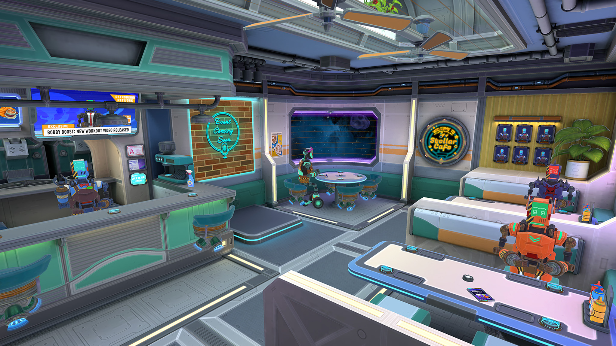 An official screenshot of Stellar Cafe on the Meta Quest 3 of the entire cafe and its robot denizens