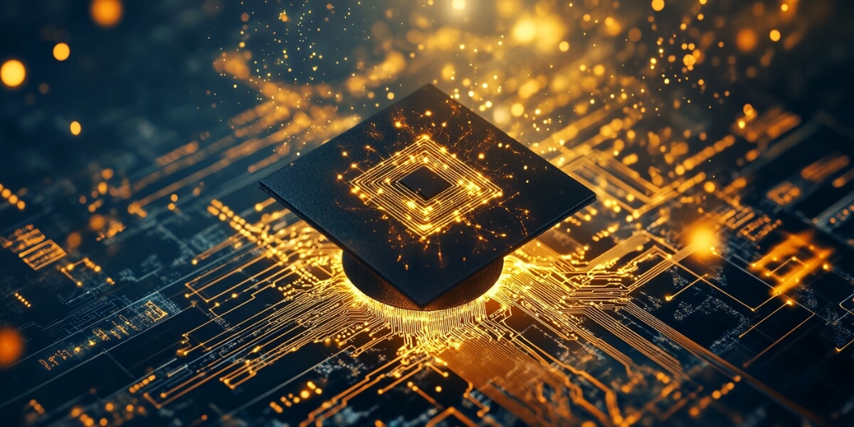 A graduation cap in the the middle of a circuit board