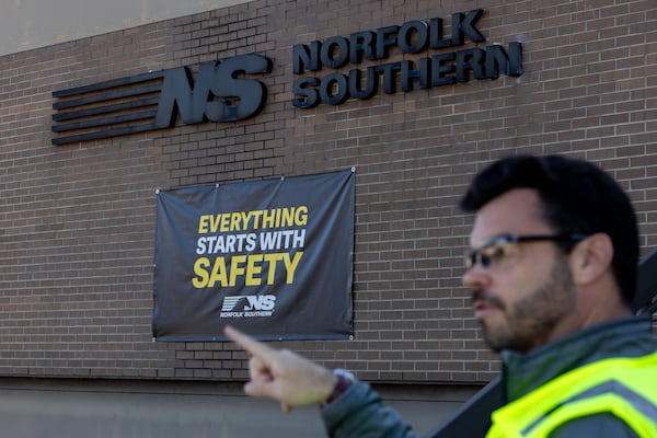 Jason Myers, director of technical training at Norfolk Southern, leads a tour for AJC reporters at the Norfolk Southern Training Center in McDonough on Friday, March 7, 2025. (Arvin Temkar/AJC)