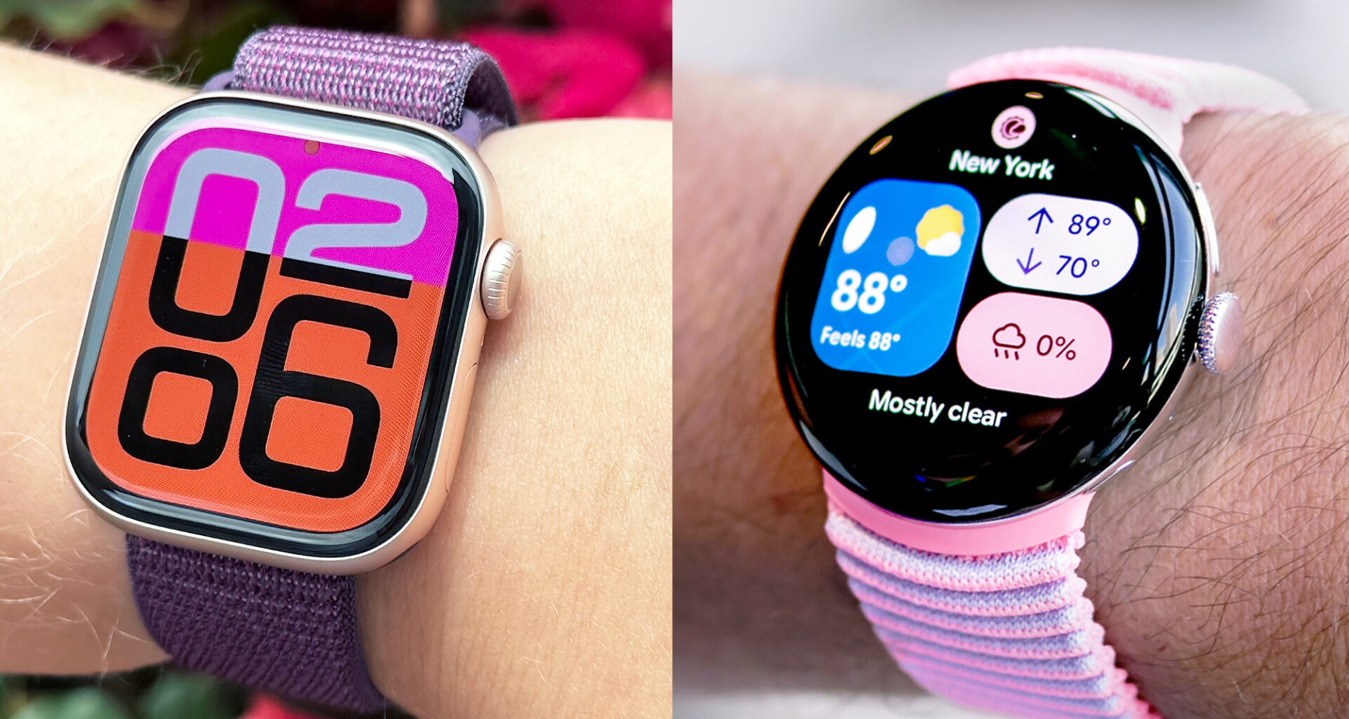 Split-screen close-up of the Apple Watch Series 10 on a user's wrist next to the Google Pixel Watch 4 on a user's wrist