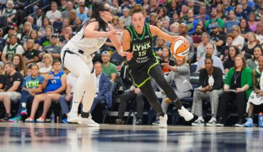 Minnesota Lynx forward Jessica Shepard (15) dribbles against the Las Vegas Aces center Megan Gustafson (17) in the third quarter at Target Center.