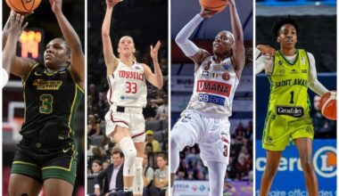 Left to right: Diamond Johnson, Lucy Olsen, Kamiah Smalls, and Keishana Washington have continued their professional basketball career overseas.