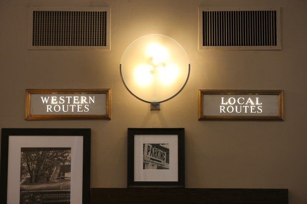Backlit signs in the lobby of the former Chicago Motor...