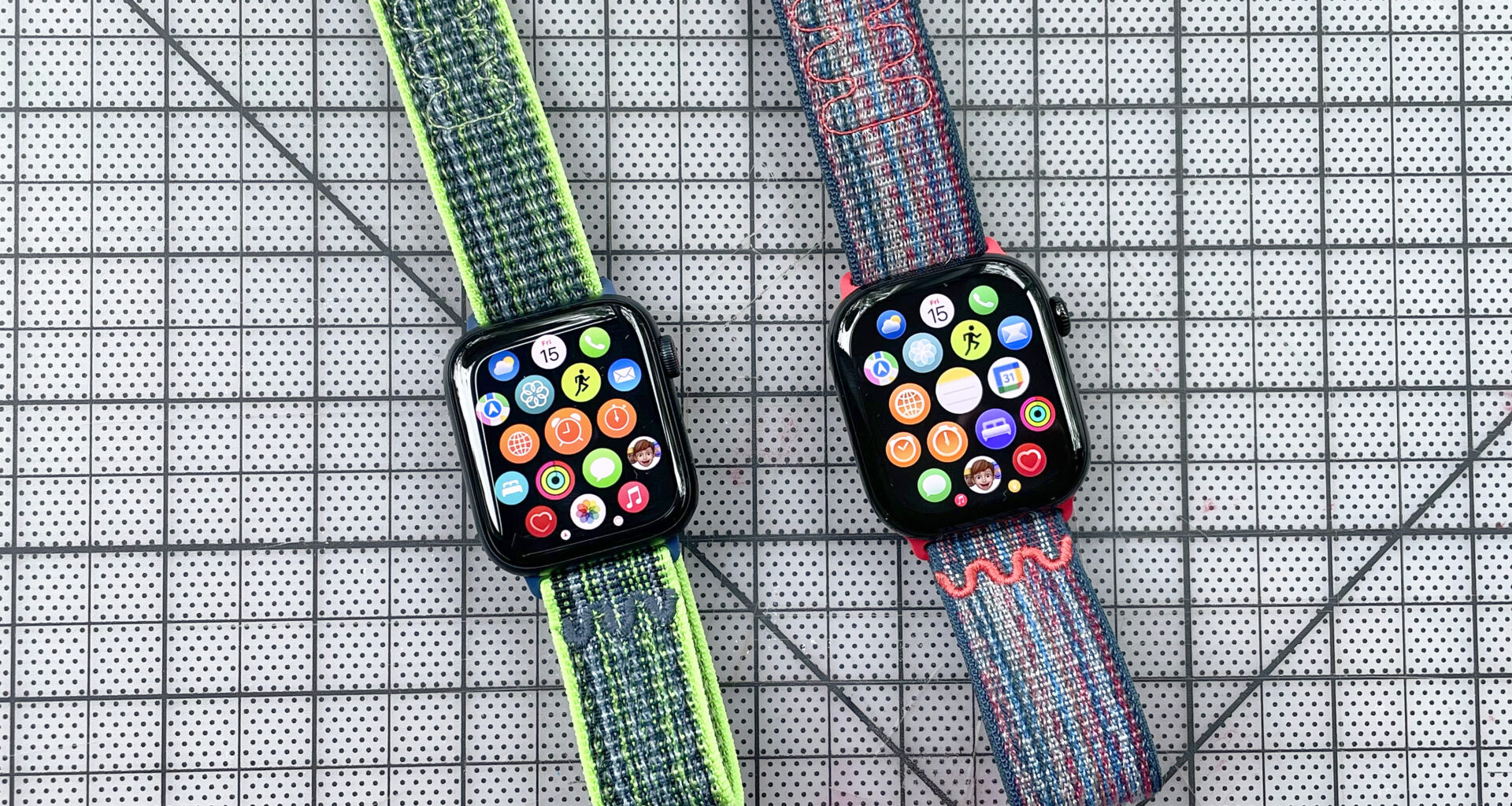 Close-up of an Apple Watch SE 2022 and Apple Watch Series 10; the former has a Nike Sport Loop dupe attached and the latter has the actual Nike Sport Loop strap