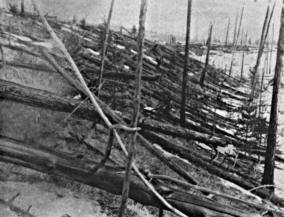 Forest devastation with trees knocked over by a powerful force, likely referencing the 1908 Tunguska event in Siberia