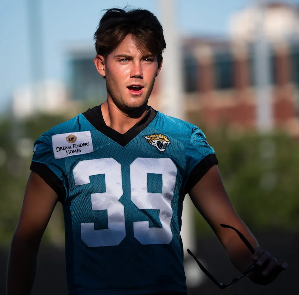 Jacksonville Jaguars place kicker Cam Little (39) walks off the field after warming up during an NFL training camp second session at the Miller Electric Center, Thursday, July 24, 2025, in Jacksonville, Fla. [Doug Engle/Florida Times-Union]