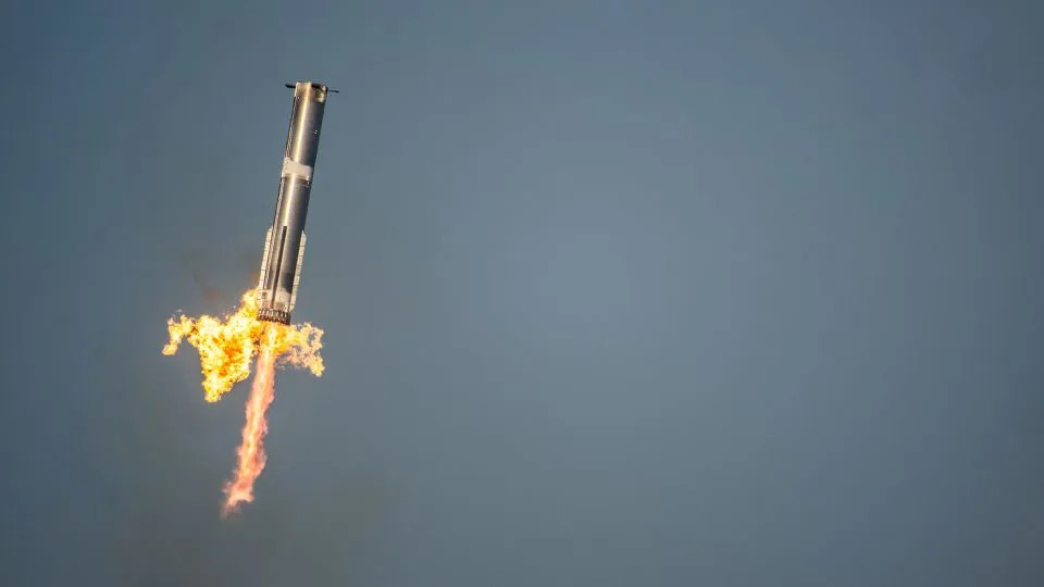 The Starship Flight 8 booster returns the launchpad at SpaceX's South Texas facilities on March 6. - Brandon Bell/Getty Images