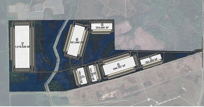 Multiple warehouses are planned at Airport Commerce Center in North Jacksonville near Jacksonville International Airport. Multiple warehouses are planned at Airport Commerce Center in North Jacksonville near Jacksonville International Airport.
