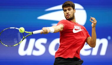 Carlos Alcaraz practises ahead of the 2025 US Open.