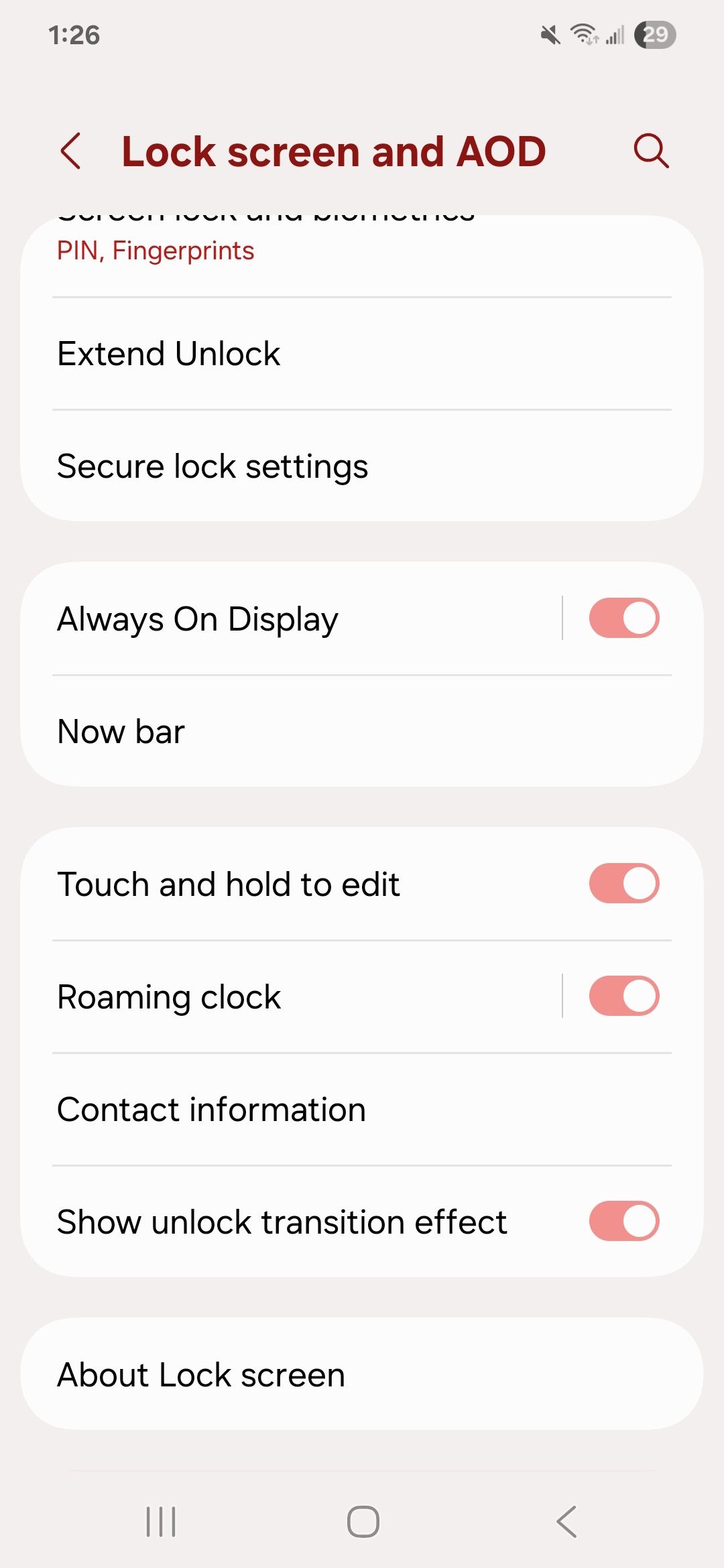 Always On Display toggled on in the Lock screen and AOD menu on a Samsung phone