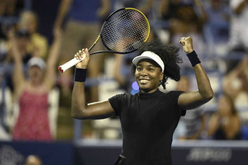 Venus celebrates her win over Peyton Stearns during a comeback match this year.