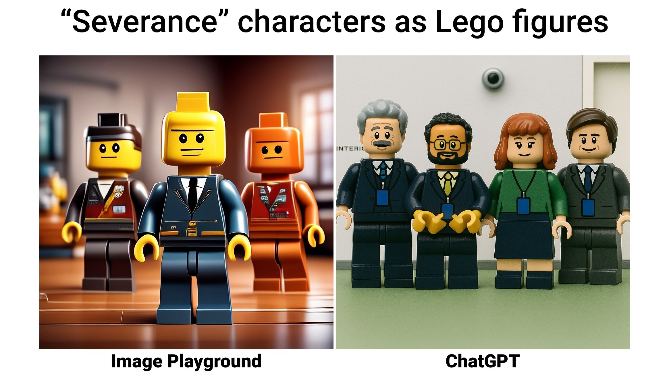 Two side-by-side images comparing Image Playground and ChatGTP prompt to draw main Severance characters as Lego bricks.