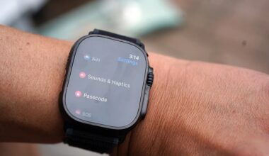 A black smartwatch on a wrist displaying the settings menu with options for Siri, Sounds & Haptics, Passcode, and SOS. The time shown is 3:14.