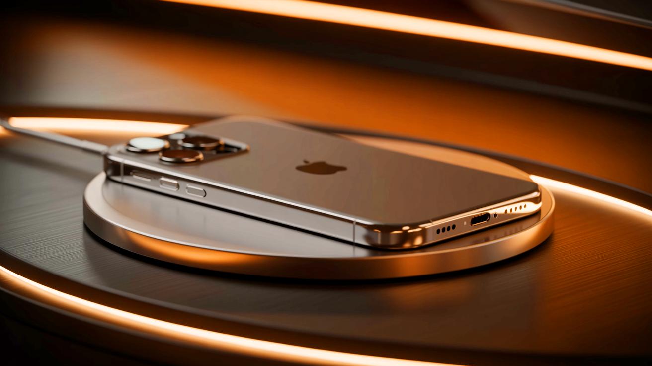 Illustration of the iPhone 17 Air showcasing its portless design and wireless charging capabilities.