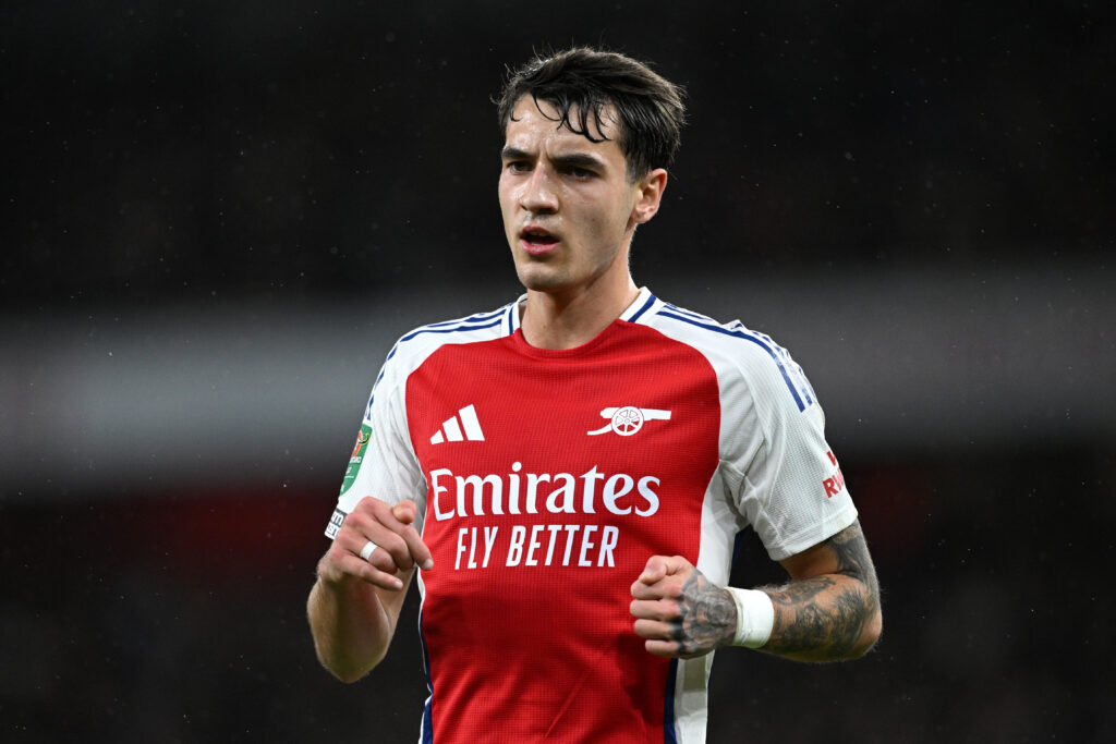 LONDON, ENGLAND - DECEMBER 18: Jakub Kiwior of Arsenal during the Carabao Cup Quarter Final match between Arsenal and Crystal Palace at Emirates Stadium on December 18, 2024 in London, England. (Photo by Justin Setterfield/Getty Images)