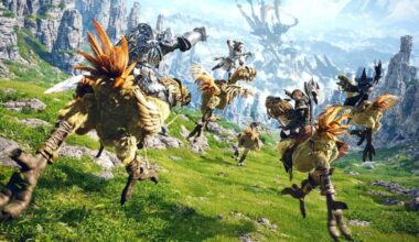 Art shows FF14 characters riding on Chocobos.