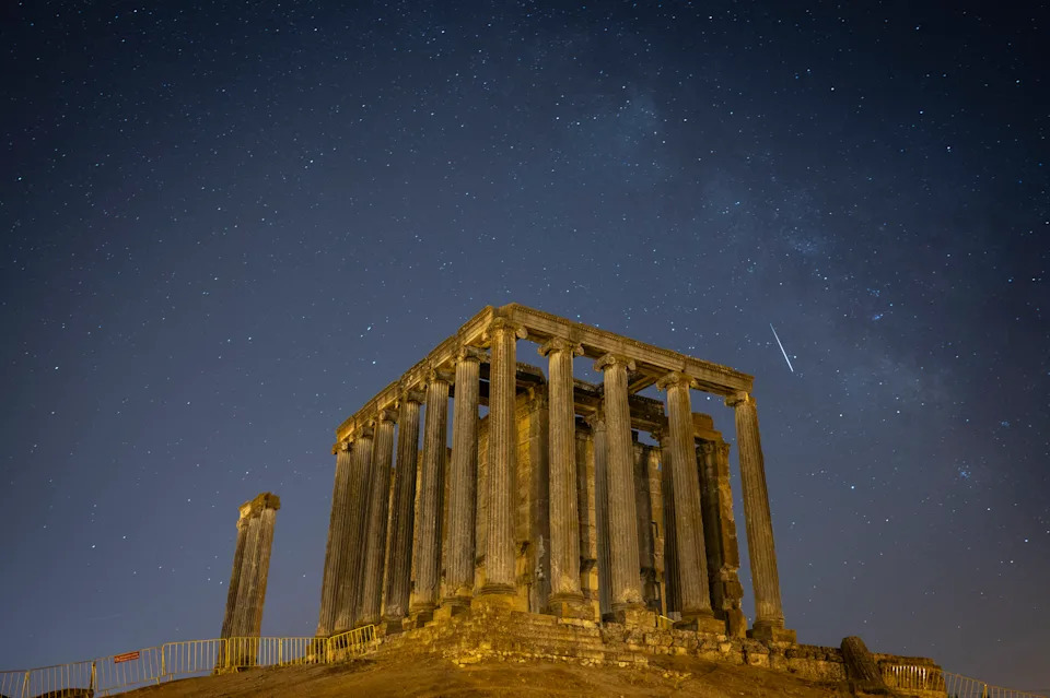 The Temple of Zeus at the Aizanoi Ancient City site in Turkey, the night of peak Perseid meteor shower