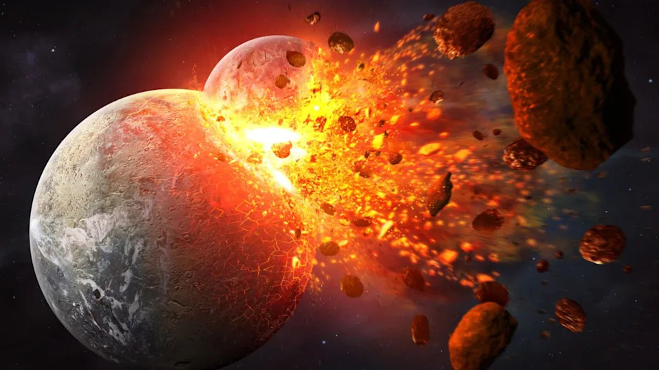 Illustration of the giant impact hypothesis, with the hypothetical planet Theia colliding with Earth 4.5 billion years ago, created on July 19, 2015. 