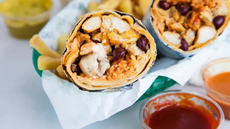 Red bean and rice burrito cut in half