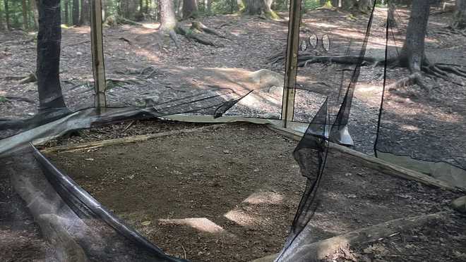 A damaged screen enclosure at the Franconia Brook Tentsite