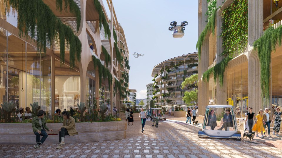 Illustration of a sustainable city with autonomous vehicles and drone taxis.