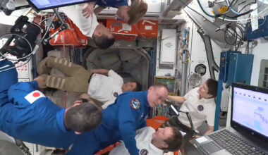 The four Crew-11 members are greeted by the seven-member Expedition 73 crew aboard the International Space Station.