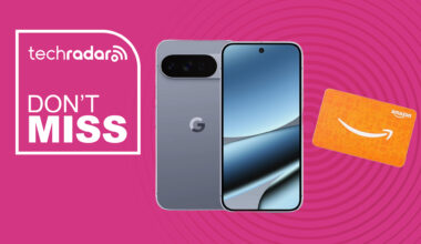 The Google Pixel 10 Pro on a pink deals background