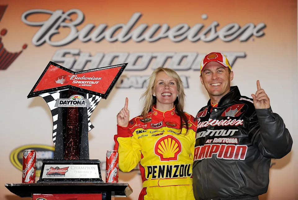 Kevin Harvick, driver of the #29 Shell/Pennzoil Chevrolet, celebrates winning the Budweiser Shootout with his wife DeLana.