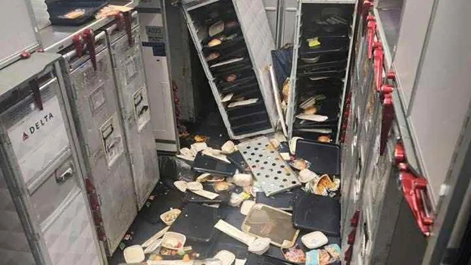 Plane service carts and food items were thrown about in Delta turbulence. - Obtained by KSTU