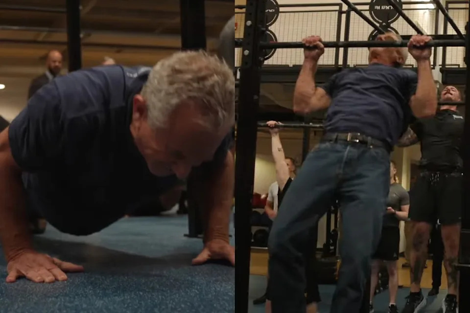 RFK Jr took part in a fitness challenge alongside Pete Hegseth, in a t-shirt and jeans (Department of Defense)