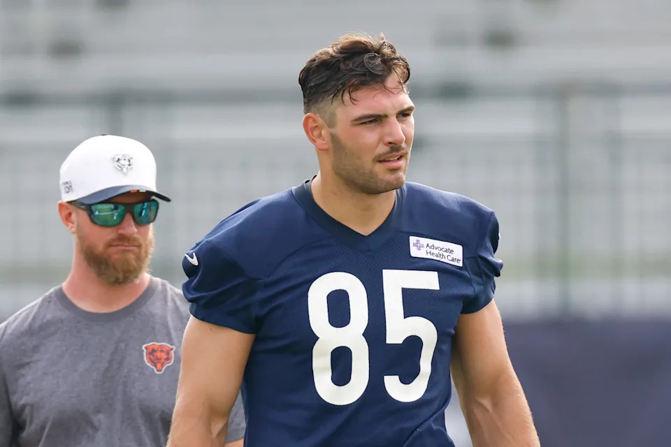 Jul 24, 2025; Lake Forest, IL, USA; Chicago Bears tight end Cole Kmet (85) looks on during training camp at Halas Hall. Mandatory Credit: Kamil Krzaczynski-Imagn Images