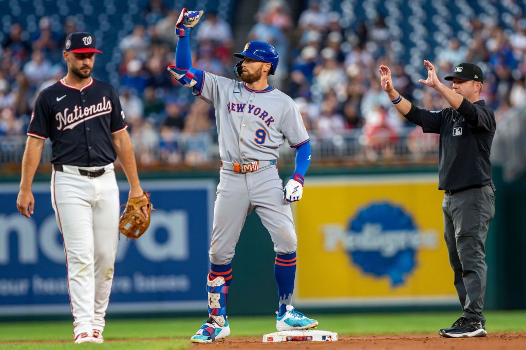 Brandon Nimmo of the New York Mets celebrates at second base.